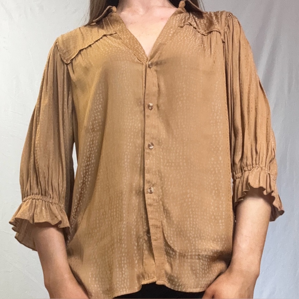 Democracy Tan Button-Front Ruffle Sleeve Blouse